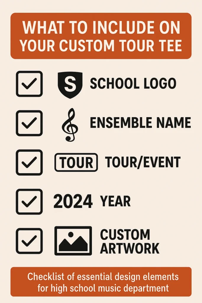 Checklist of essential design elements for high school music department tour t-shirts