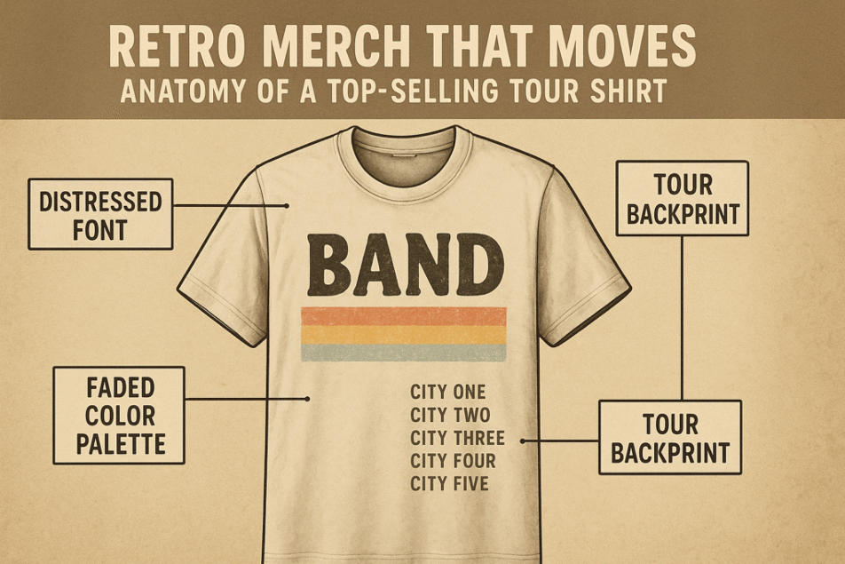 Infographic showing design tips for retro-style custom tour shirts