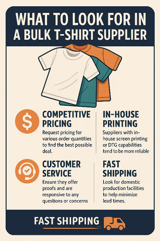 Infographic showing what to look for in a bulk t-shirt supplier, including competitive pricing, in-house printing, customer service, and fast shipping. Features bold icons, clear headings, and a modern layout designed to guide businesses ordering custom t-shirts in bulk.