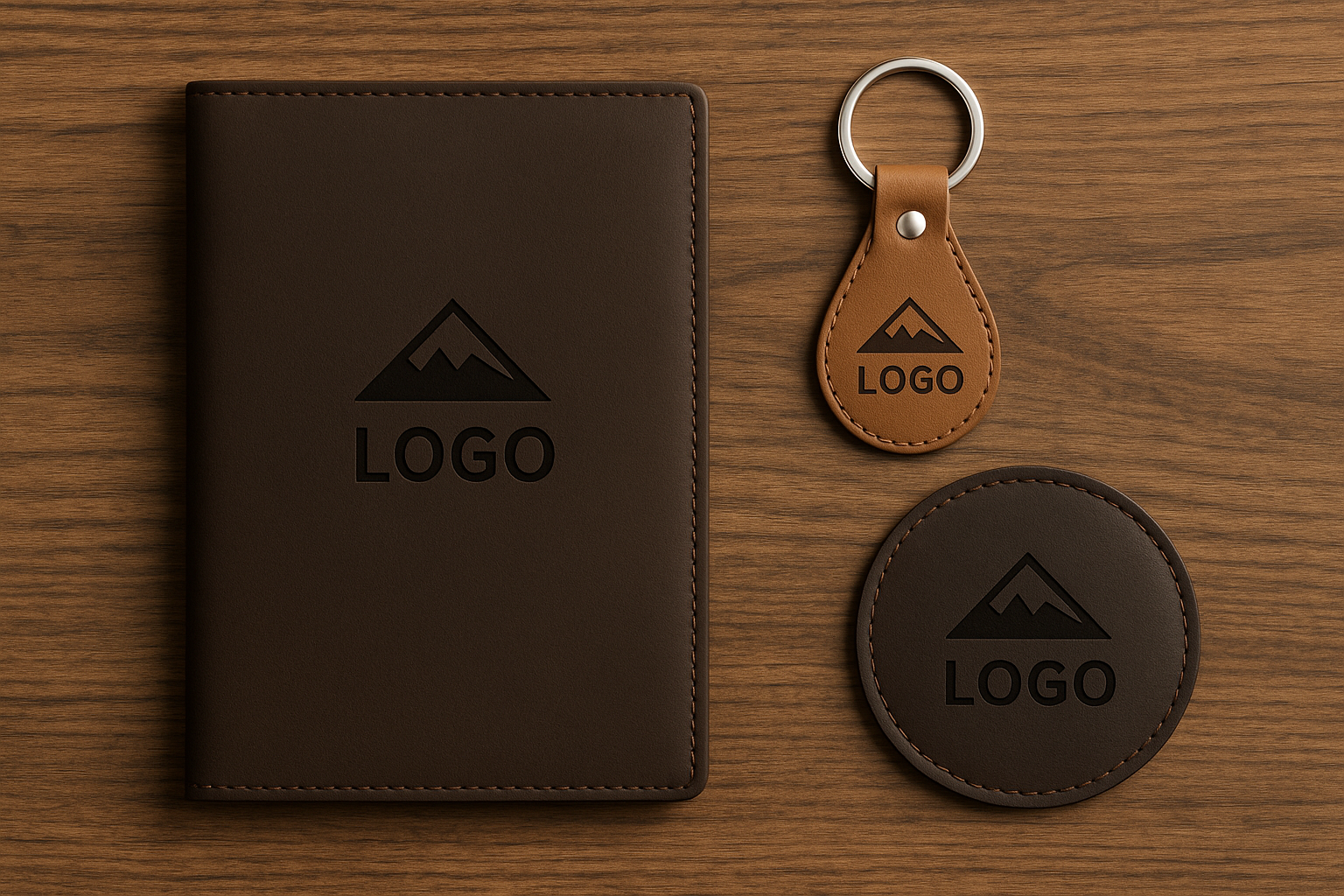 Leather notebook, keychain, and round coaster arranged on a wooden surface, each showcasing laser embossing detail for corporate gifts.