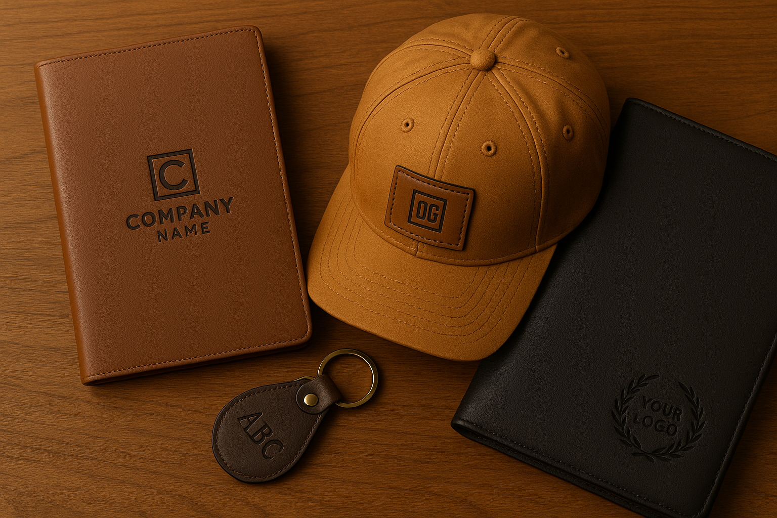 Flat lay of premium leather journal, cap with leather patch, keychain, and portfolio arranged on a wooden surface, showcasing laser embossing for bulk corporate gifts.
