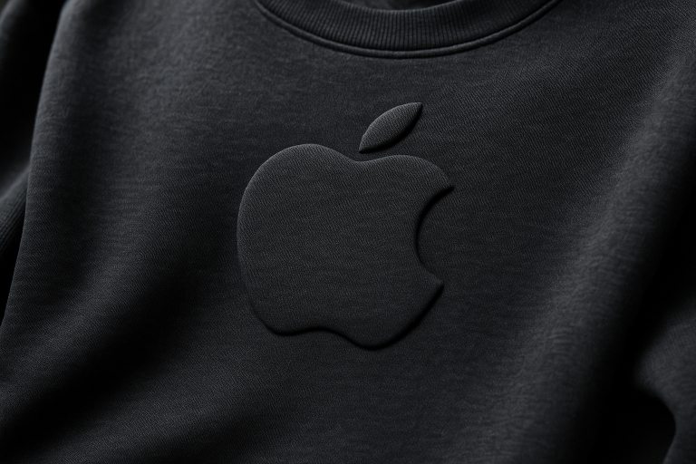 Custom embossed sweatshirt displaying raised 3D Apple logo for high-end corporate apparel example