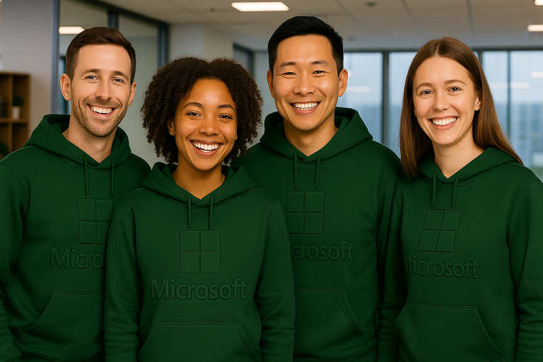 Microsoft employees in forest green embossed hoodies smiling in an office setting under natural light