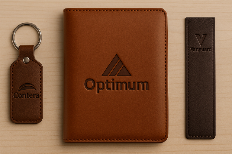 Embossed leather keychain, padfolio, and bookmark featuring Contera, Optimum, and Vanguard logos on light wood background