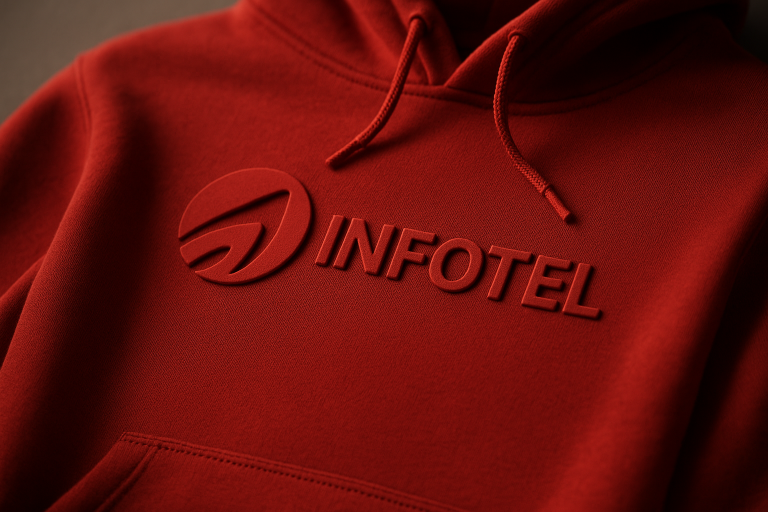 Close-up of red hooded sweatshirt embossed with Infotel telecommunications logo in raised 3D detail