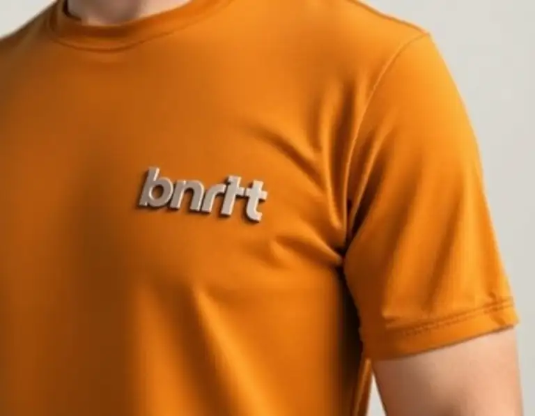 Person wearing an orange t-shirt with a small raised bnrtt logo on the left side of the chest.
