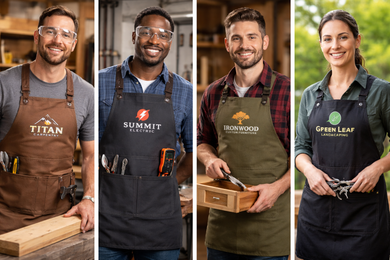 Tradespeople wearing custom logo work aprons made from durable canvas with reinforced pockets in professional work environments