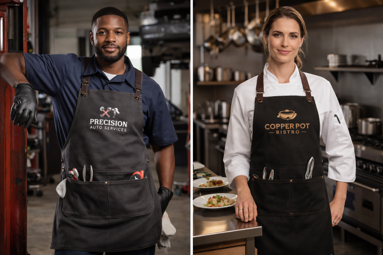 Professionals wearing custom logo work aprons made from durable canvas with reinforced pockets in active work environments