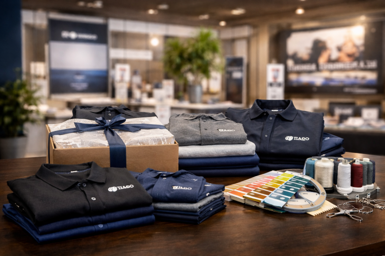Premium embroidered polos and corporate event apparel neatly folded on table with Pantone color swatches and thread spools in background.
