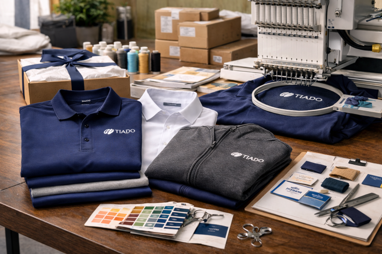 Premium embroidered polo shirts and jackets on worktable beside neutral embroidery machine and packed shipping boxes in landscape format.