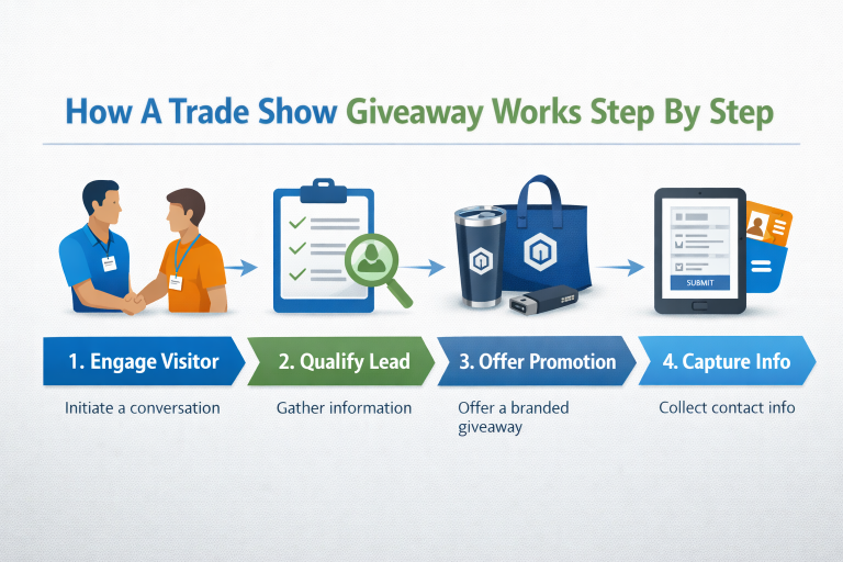 Step by step diagram showing how a trade show giveaway works, from engaging visitors to capturing lead information.