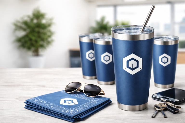 Custom logo stainless steel tumbler used as an everyday promotional giveaway item in a professional office setting.