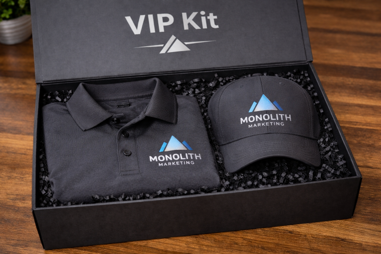 Luxury VIP gift box with embroidered polo shirt and embroidered baseball cap in black shredded paper packaging