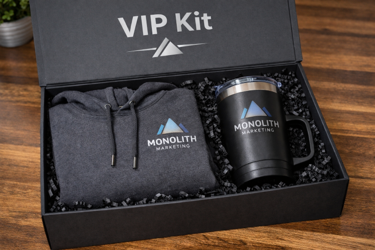VIP branded event box open with embroidered hoodie, engraved handled tumbler, and black shredded paper packaging