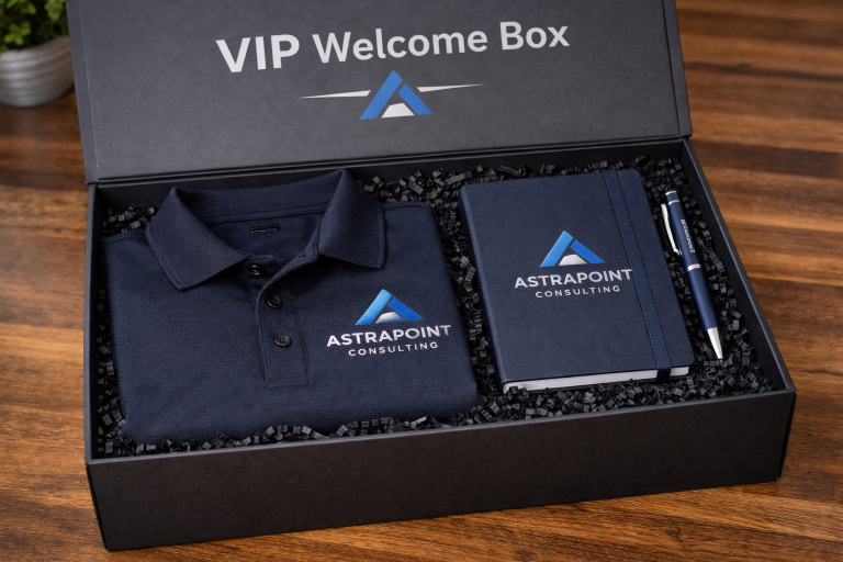 Open black VIP welcome box with embroidered polo shirt, branded notebook, and custom logo pen arranged in black crinkle paper.