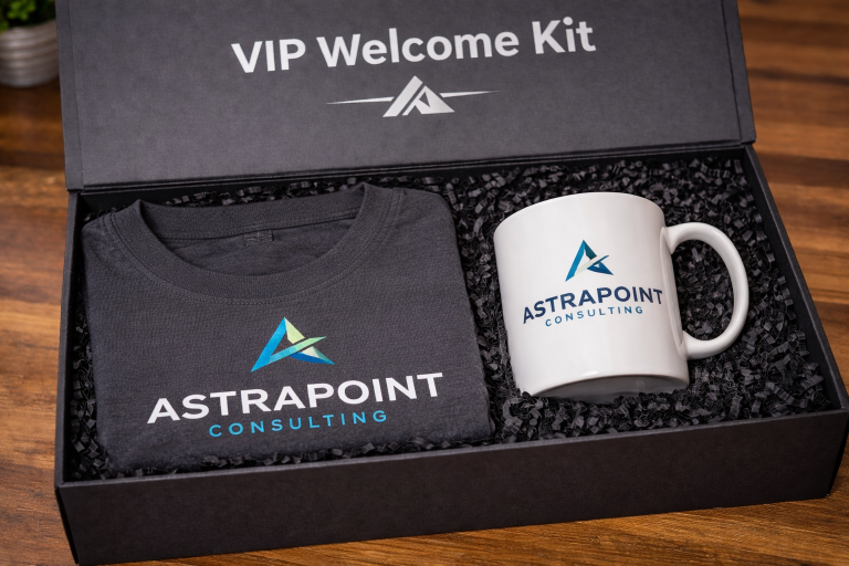 Open VIP welcome box with branded T-shirt and custom coffee mug arranged in black crinkle paper packaging