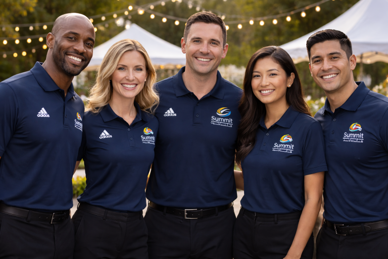 Group of diverse event staff wearing navy Adidas logo polos at an outdoor event venue with string lights and tents.