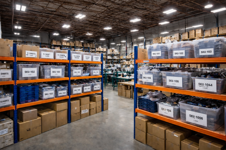Warehouse interior with industrial shelving units filled with clear bins labeled by SKU numbers for event swag and apparel size inventory storage.