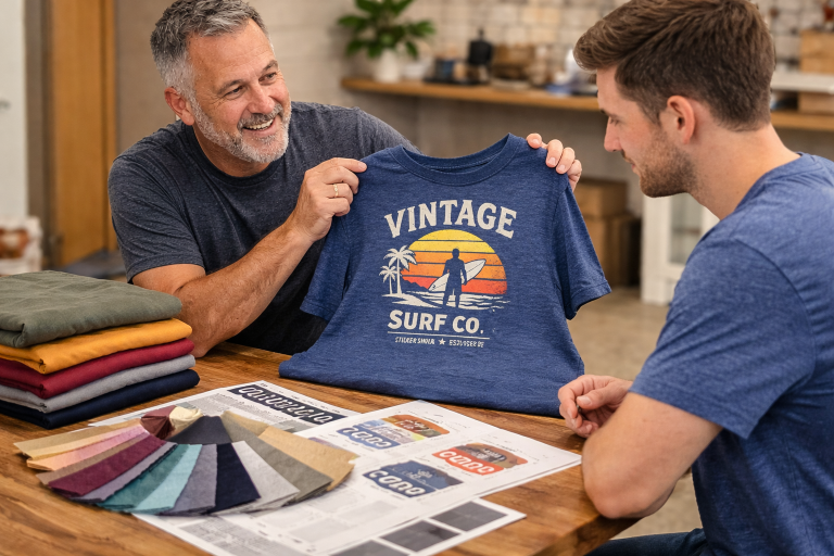 Two men reviewing fabric swatches and a soft hand printed t-shirt to evaluate garment choice and print feel
