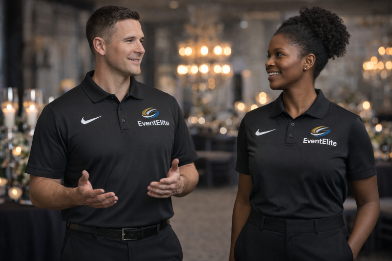 Man and woman event staff talking while wearing black co-branded Nike and EventElite polos in a luxury event venue setting.
