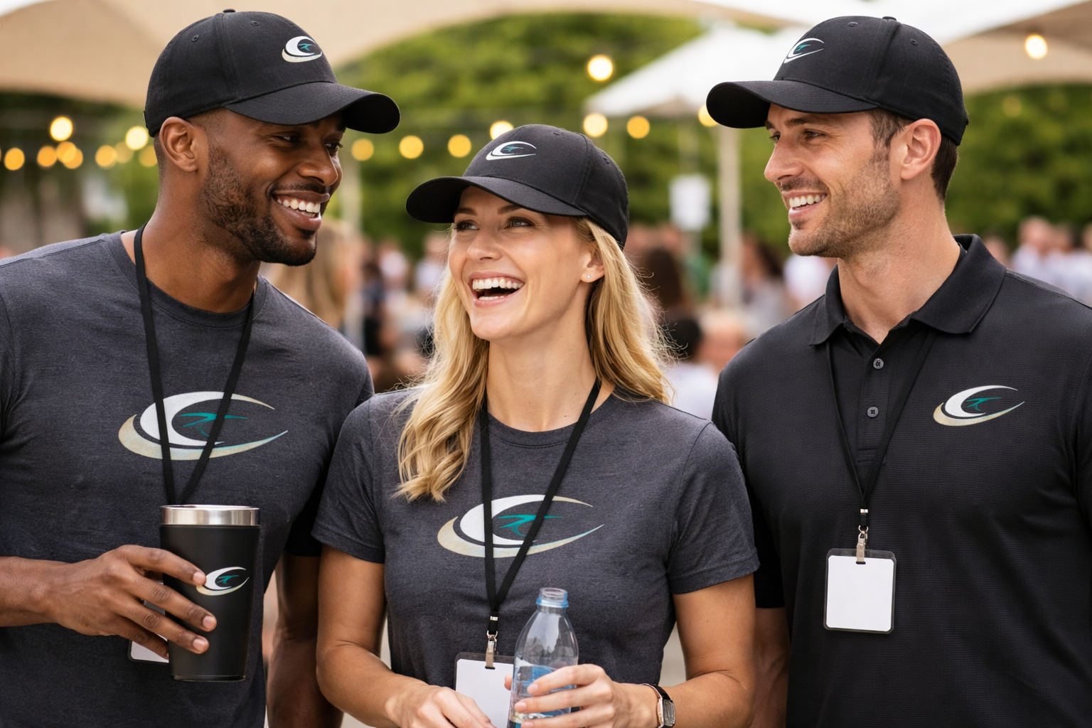 Group of employees at corporate event wearing embroidered logo baseball caps and printed company T-shirts.