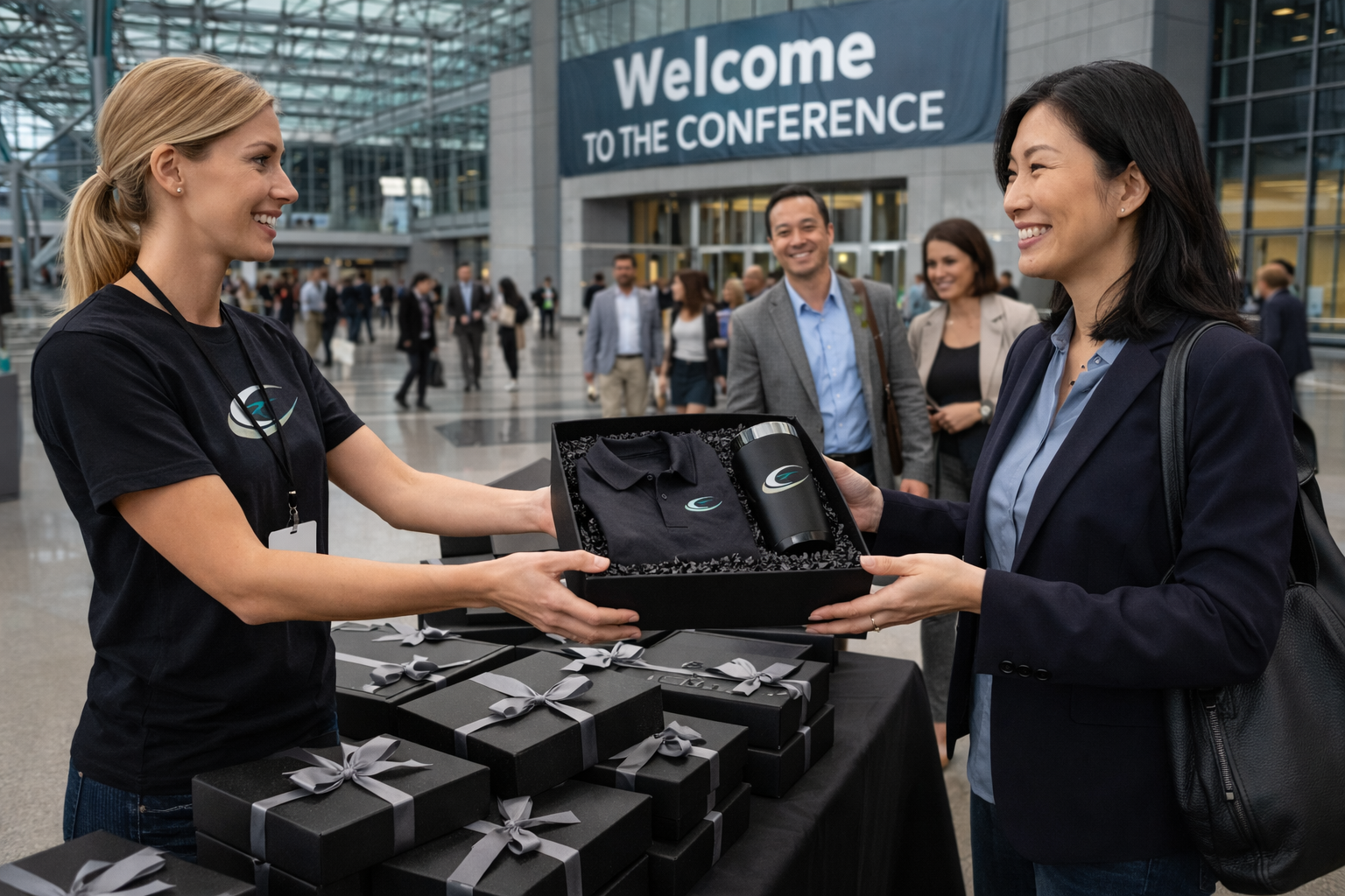 Conference attendees receiving luxury branded swag boxes at registration table inside large convention center atrium.