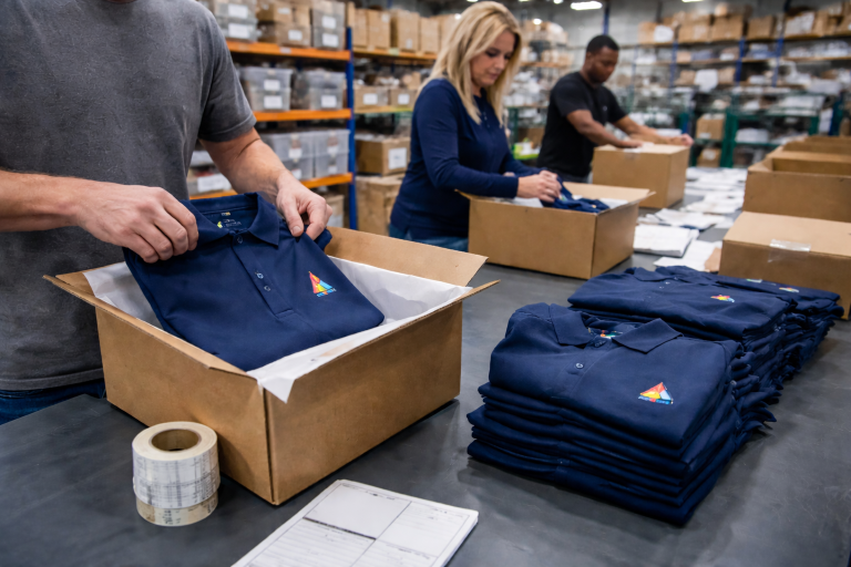 Employees packing folded custom embroidered polo shirts into cardboard boxes for shipping in a warehouse fulfillment center.