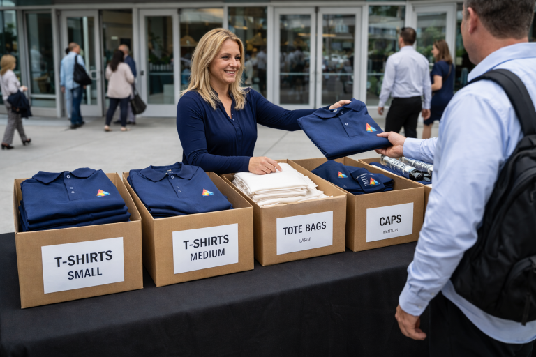 Event staff member handing out custom polo shirt from organized swag boxes at an outdoor event registration table.