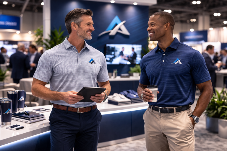 Two executives wearing different Peter Millar polo shirts with the same embroidered company logo at a corporate trade show