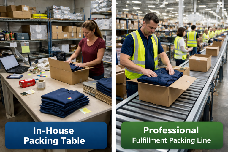 Split image showing an in house packing table with one employee boxing polo shirts compared to a professional warehouse fulfillment packing line with conveyor system and staff.