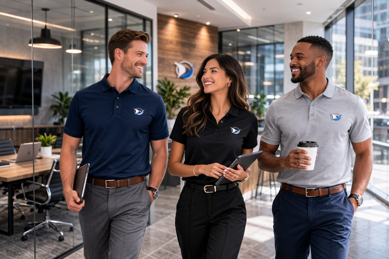 Three associates wearing high-end minimalist embroidered polo shirts with matching company logos in a modern office