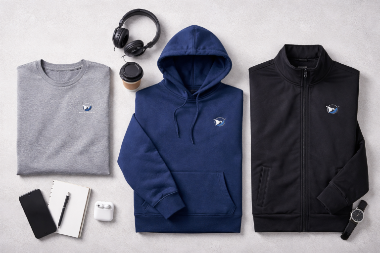 Flat lay of premium tee, hoodie, and jacket with matching minimalist embroidered company logos