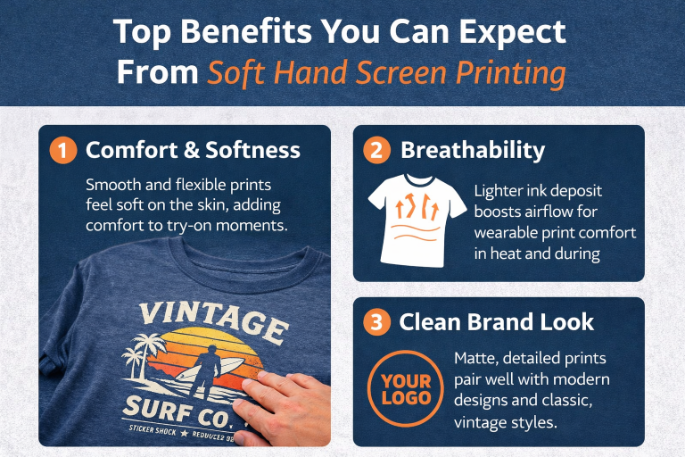 Infographic showing comfort, breathability, and clean matte finish benefits of soft hand screen printing on t-shirts