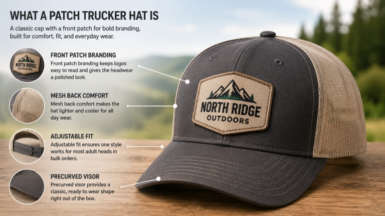 Close up view of a custom patch trucker hat showing front patch branding, mesh back construction, adjustable snapback closure, and precurved visor on a professional outdoor product display.