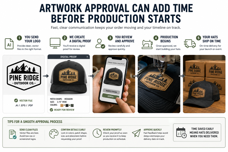 Custom patch trucker hat artwork approval workflow showing logo submission, digital proof review, production approval, manufacturing, and order fulfillment for branded headwear.