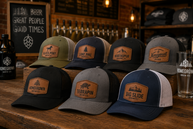 Leather patch trucker hats displayed on a brewery merchandise counter alongside branded glassware and apparel in a taproom retail environment.