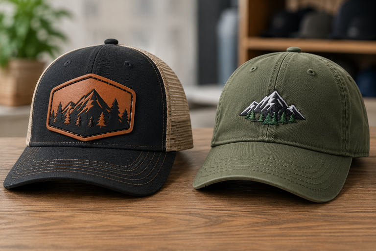 Side by side comparison of a leather patch trucker hat and an embroidered cap, highlighting differences in decoration style, construction, and overall appearance.
