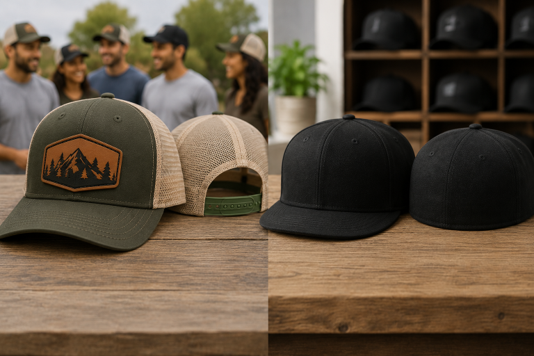 Side by side comparison of an adjustable patch trucker hat and fitted baseball caps, highlighting differences in sizing flexibility and group distribution.