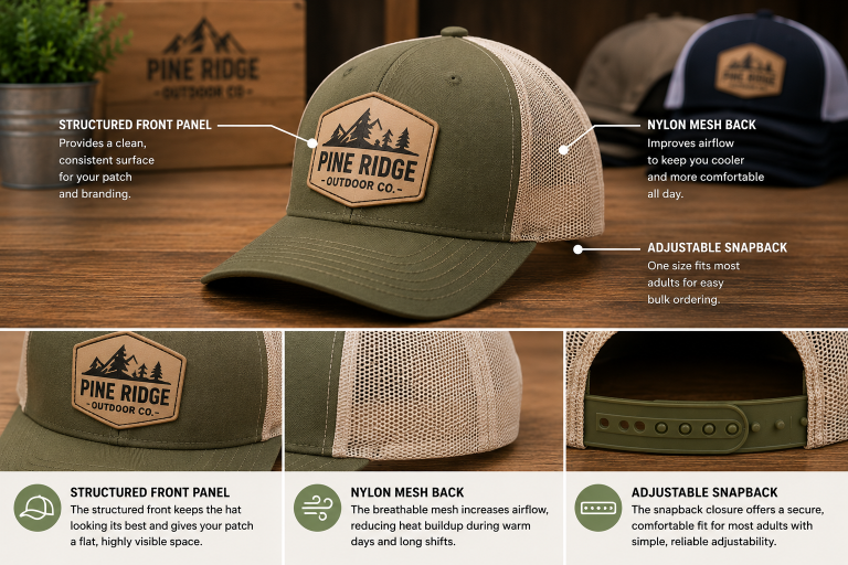 Custom patch trucker hat showing structured front panel with logo patch, breathable nylon mesh back, and adjustable snapback closure designed for comfort, airflow, and easy sizing.