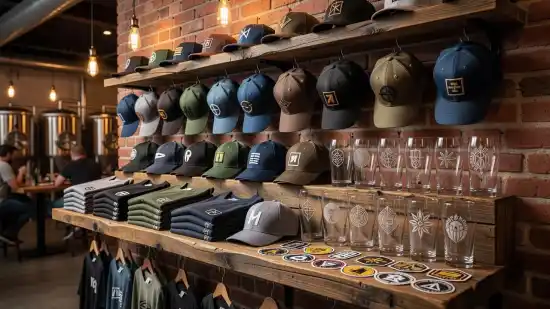 A rustic wooden shelf holds neatly folded cotton shirts, embroidered baseball caps, and clear pint glasses featuring custom designs. Soft, warm ambient lighting accentuates the fabric textures and polished glassware surfaces.