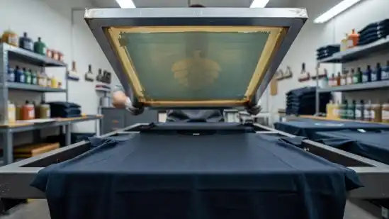 A focused artisan aligns a metal screen frame over a dark cotton shirt on a printing platen. Bright workspace lighting highlights the precise texture of the fabric and the mesh screen.