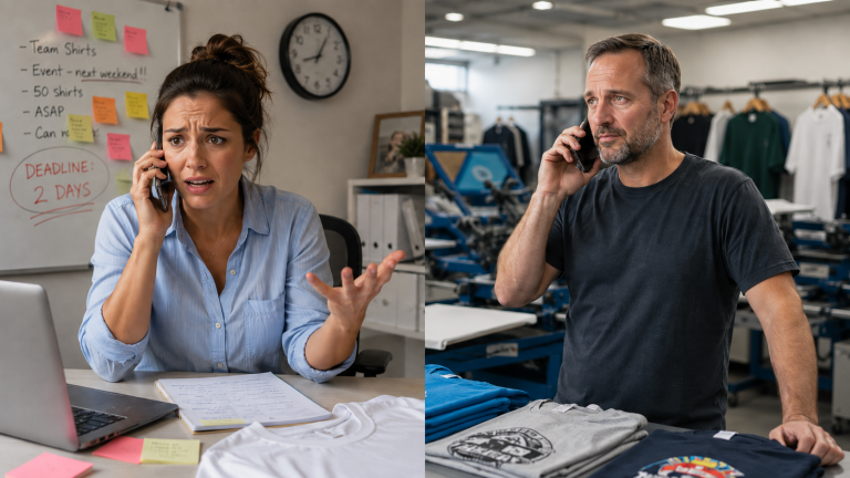 Panicked customer calling a calm, empathetic screen printer for fast custom shirt printing before a tight deadline.