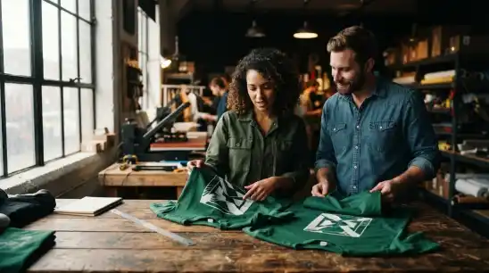 Two people review custom shirts on a rustic wooden table by a bright window.